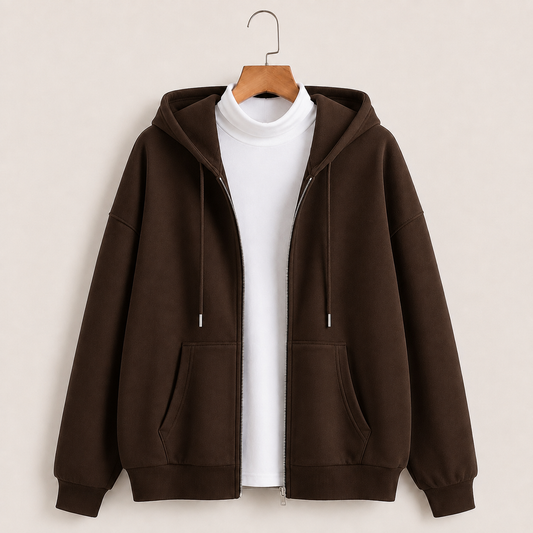 Brown zipper hoodie with Highneck