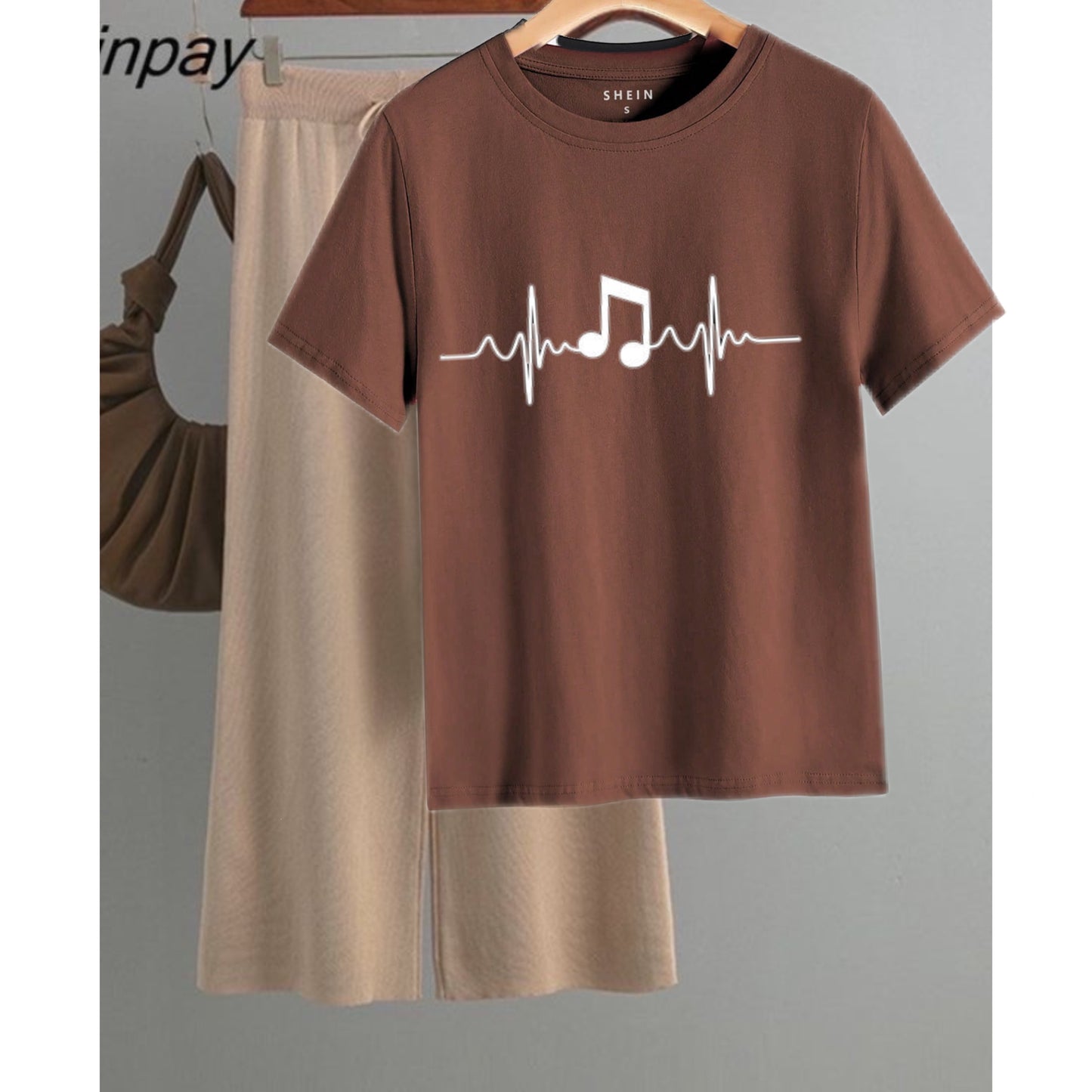 Beigh Flapper brown tshirt heart beat song cordset