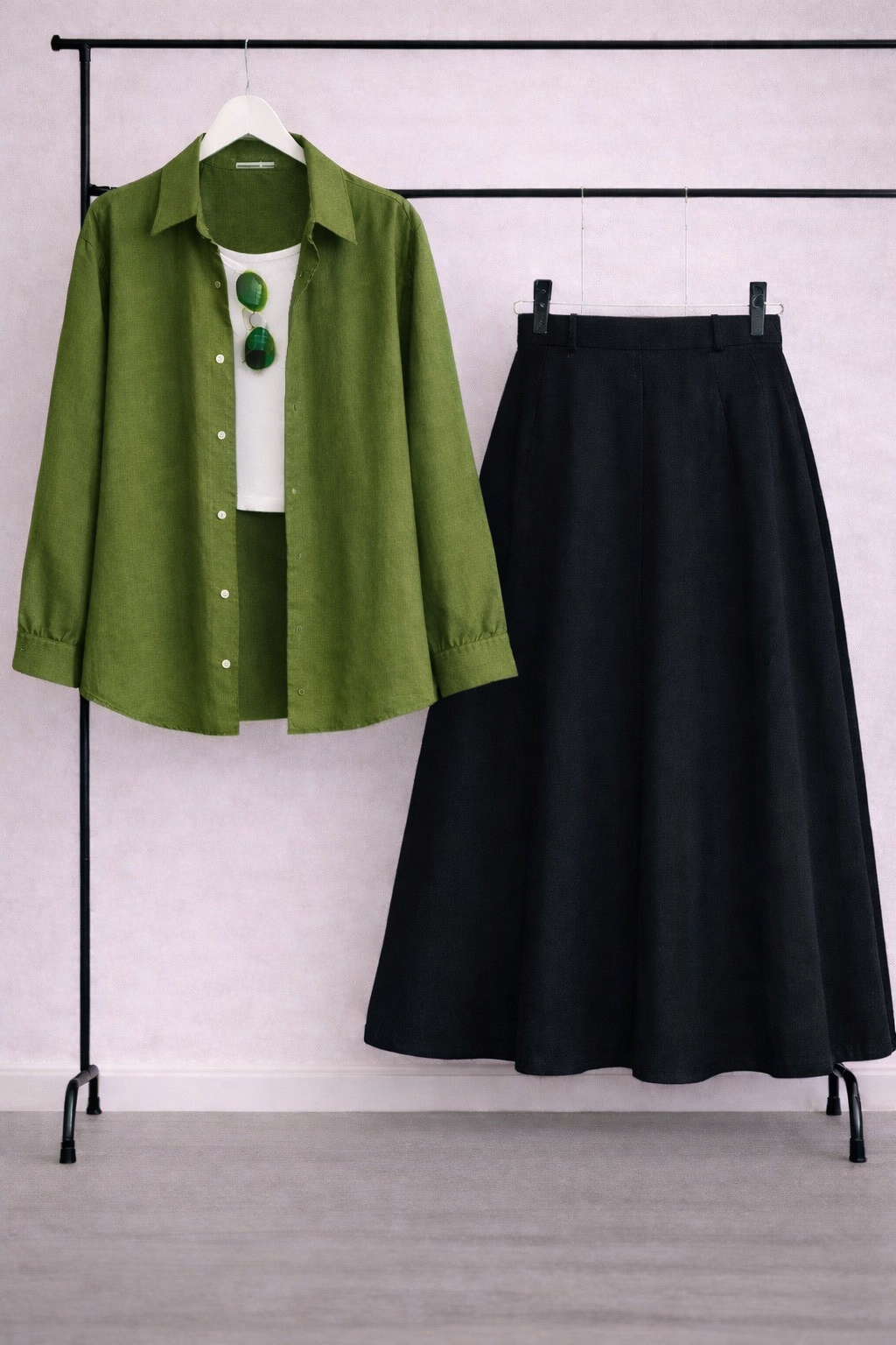 Pack of 3 Olive Button down + Tanktop  With Black Skirt