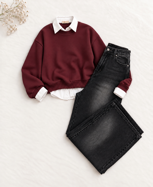 3-Piece Maroon Sweatshirt, Button Down Shirt & Black Vintage wide leg jeans