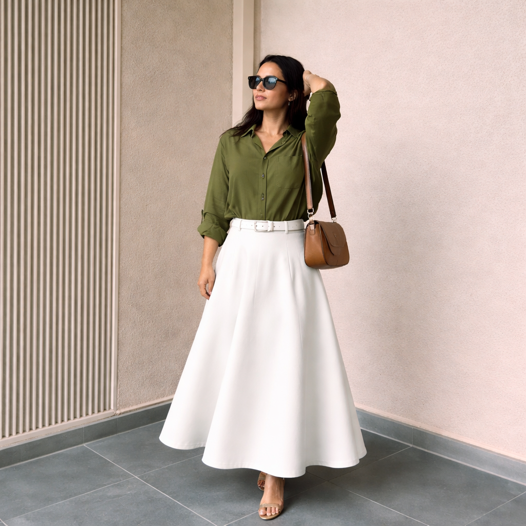 Pack of 2 Olive Button down Shirt  + White Skirt