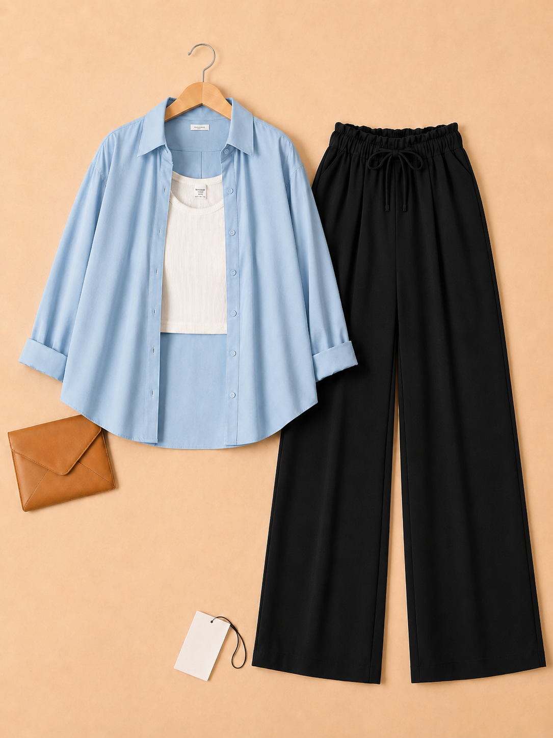 Sky blue button down with inner + Black flapper Trouser