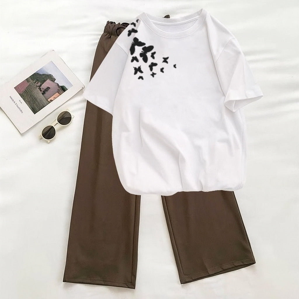 Shoulder butterfly white tshirt with Brown Flapper Tracksuit