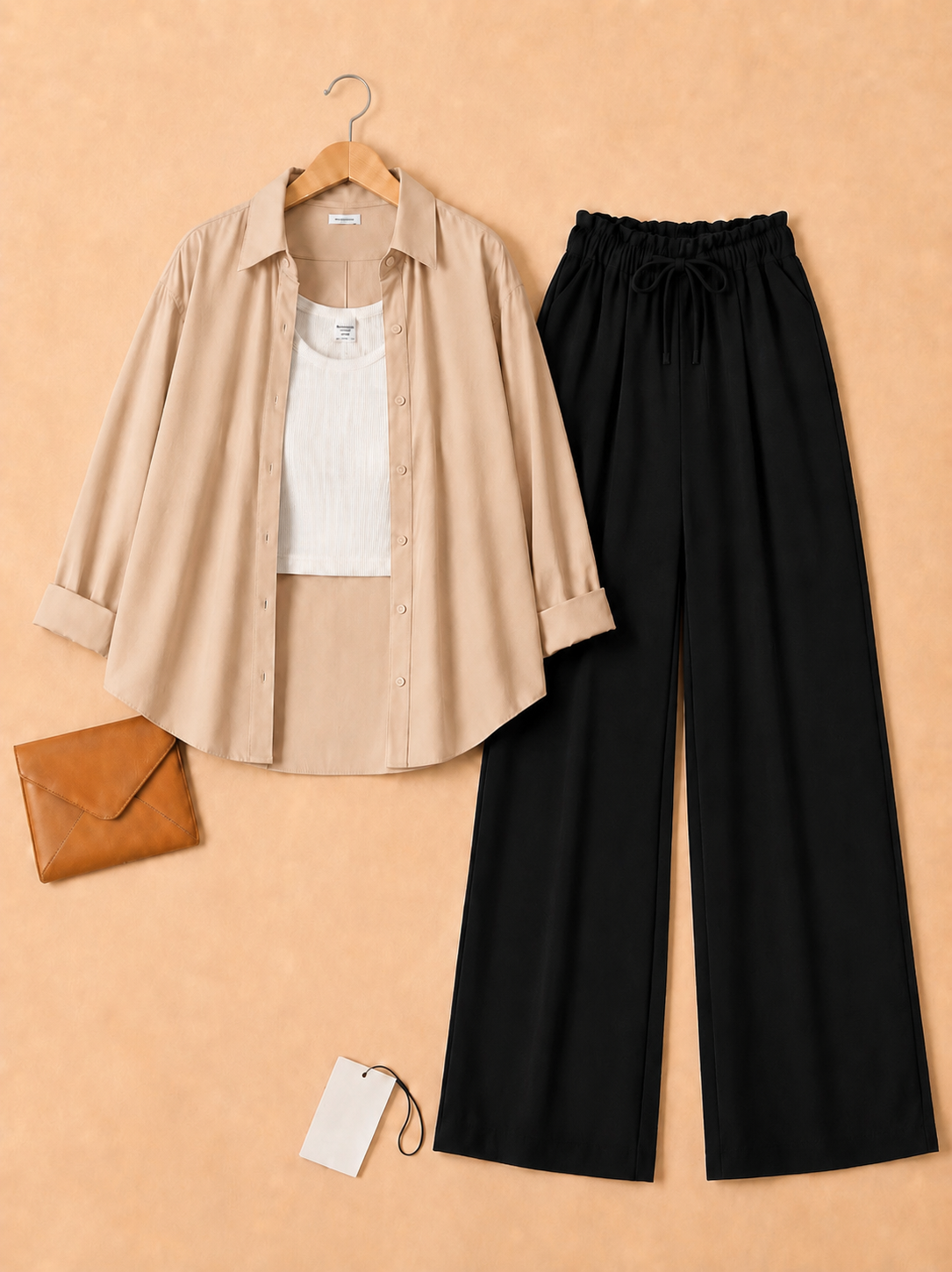Skin button down with inner + Black flapper Trouser