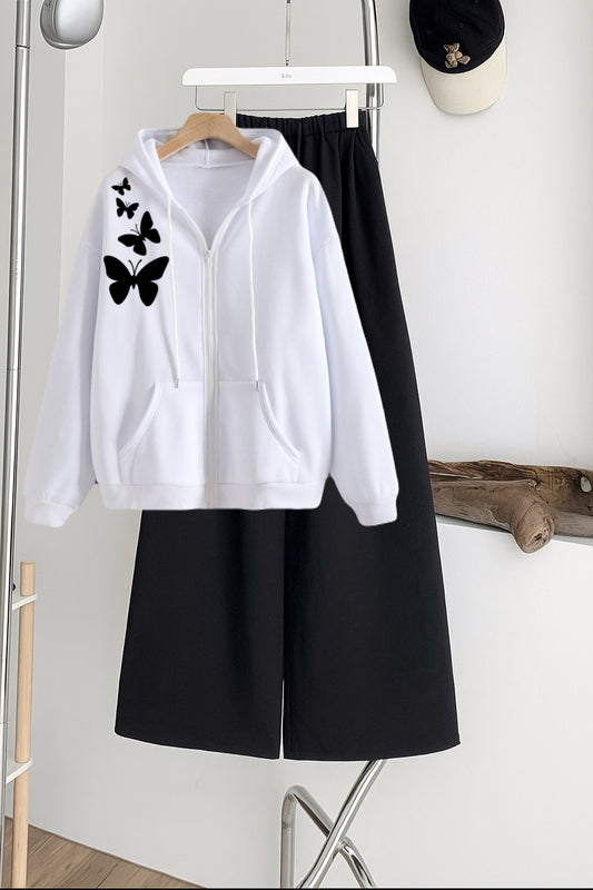 Shoulder 3Butterfly Zipper Hoodie with Black  Flapper Trouser Tracksuit – white