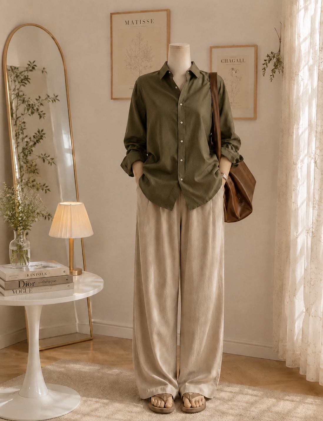 Olive button down with Beige Flapper Trouser