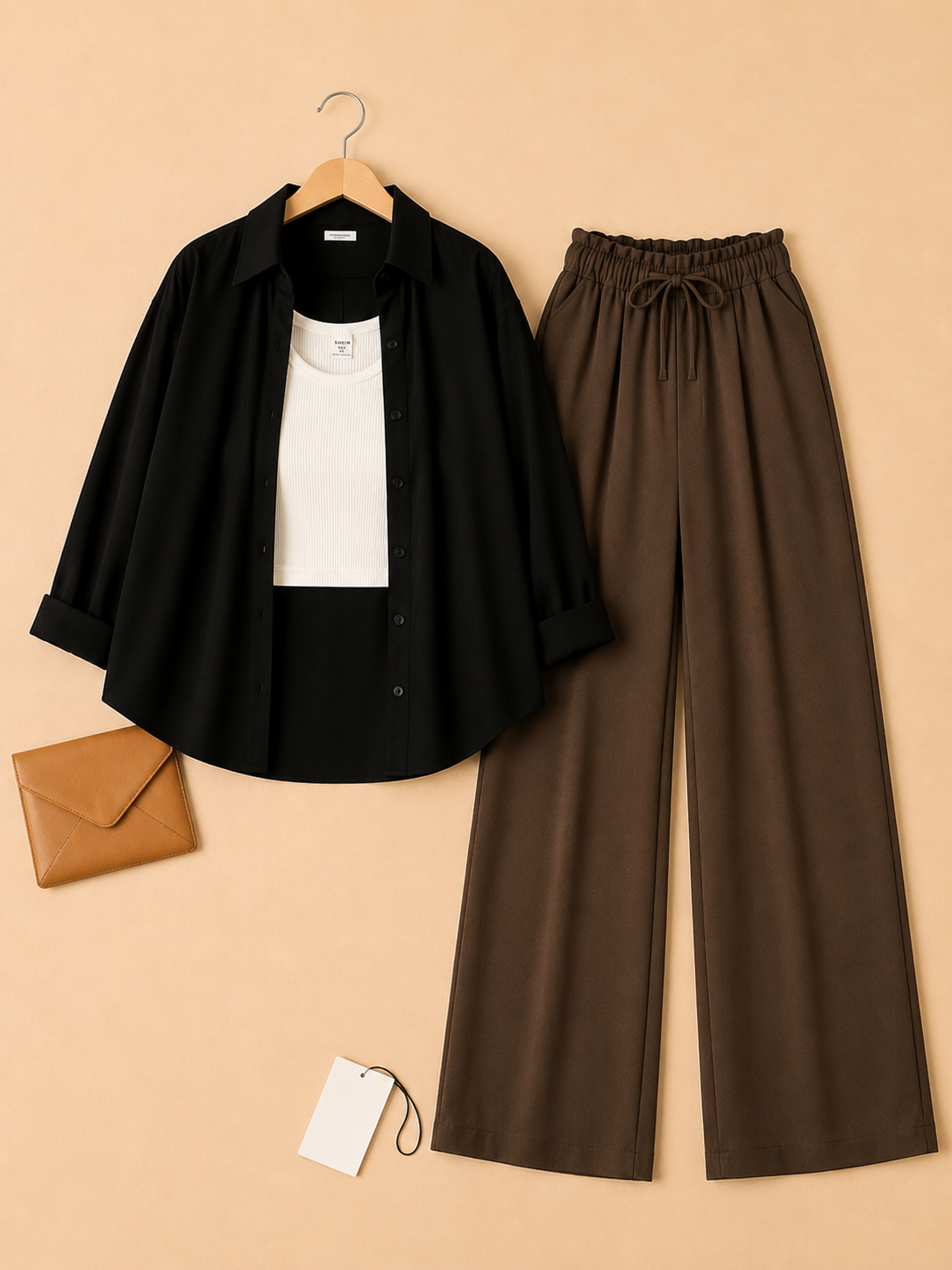 Black button down with inner + Brown flapper Trouser