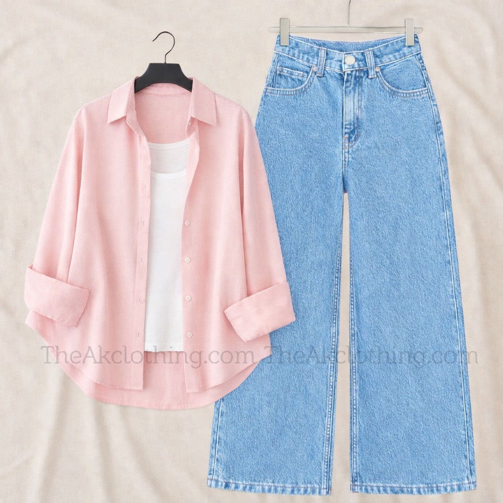 Pack of 3 pink Button down + Inner With Sky Wide leg Jeans