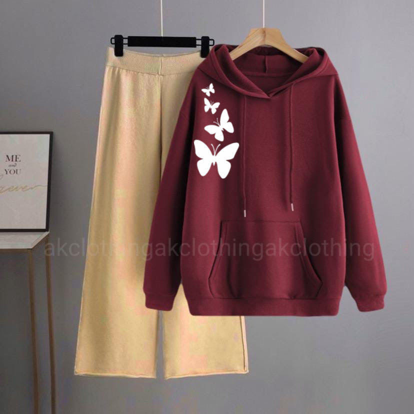 Maroon Hoodie Shoulder Butterfly Beigh Flapper Tracksuit