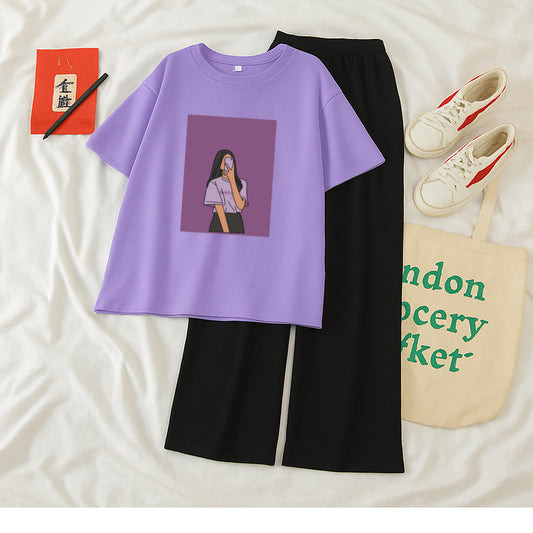 Pack of 2 Lilac Tshirt Selfie Girl With Black Flapper Trouser