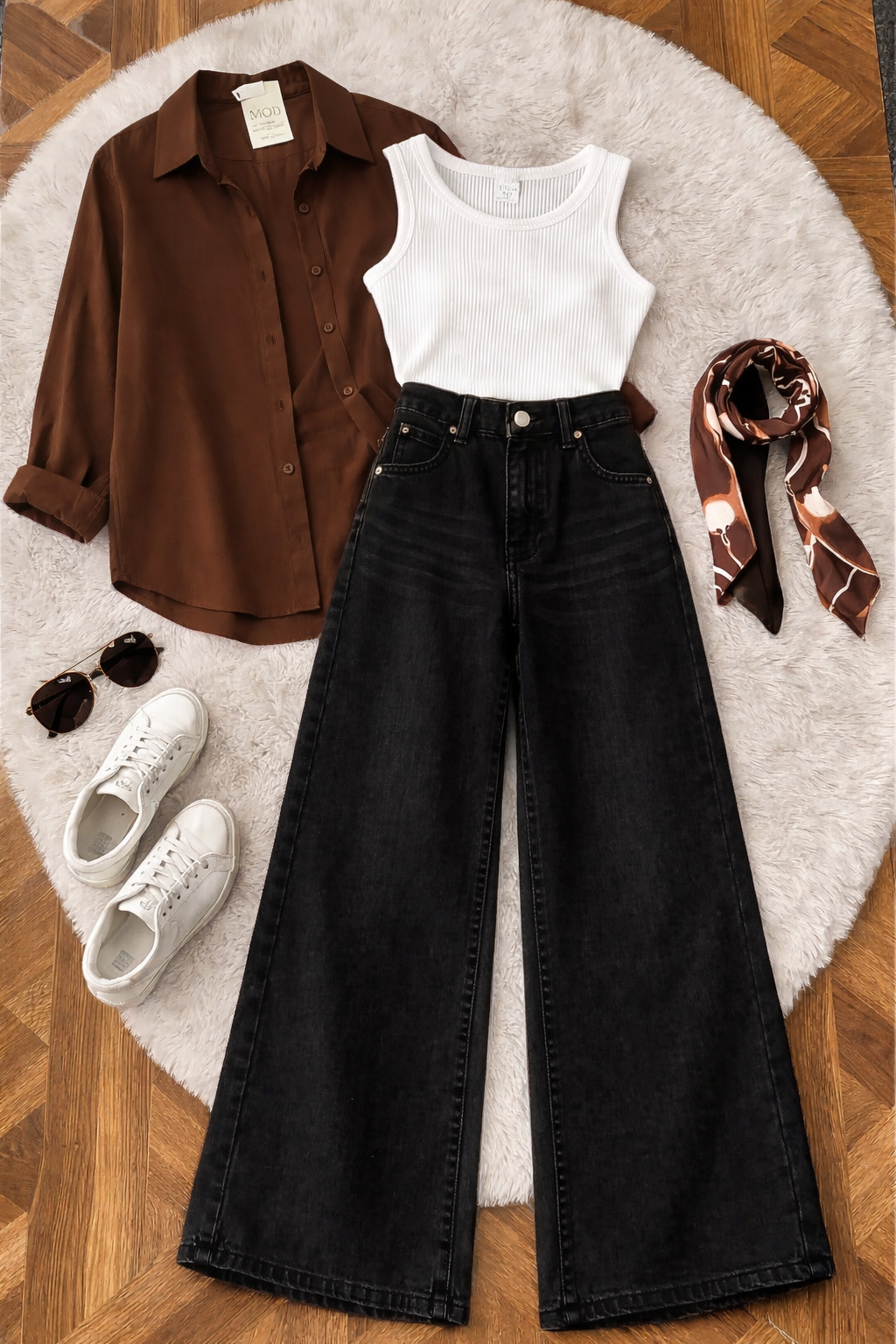 Pack of 3 Brown Button down + Tanktop  With Black Wide leg Jeans