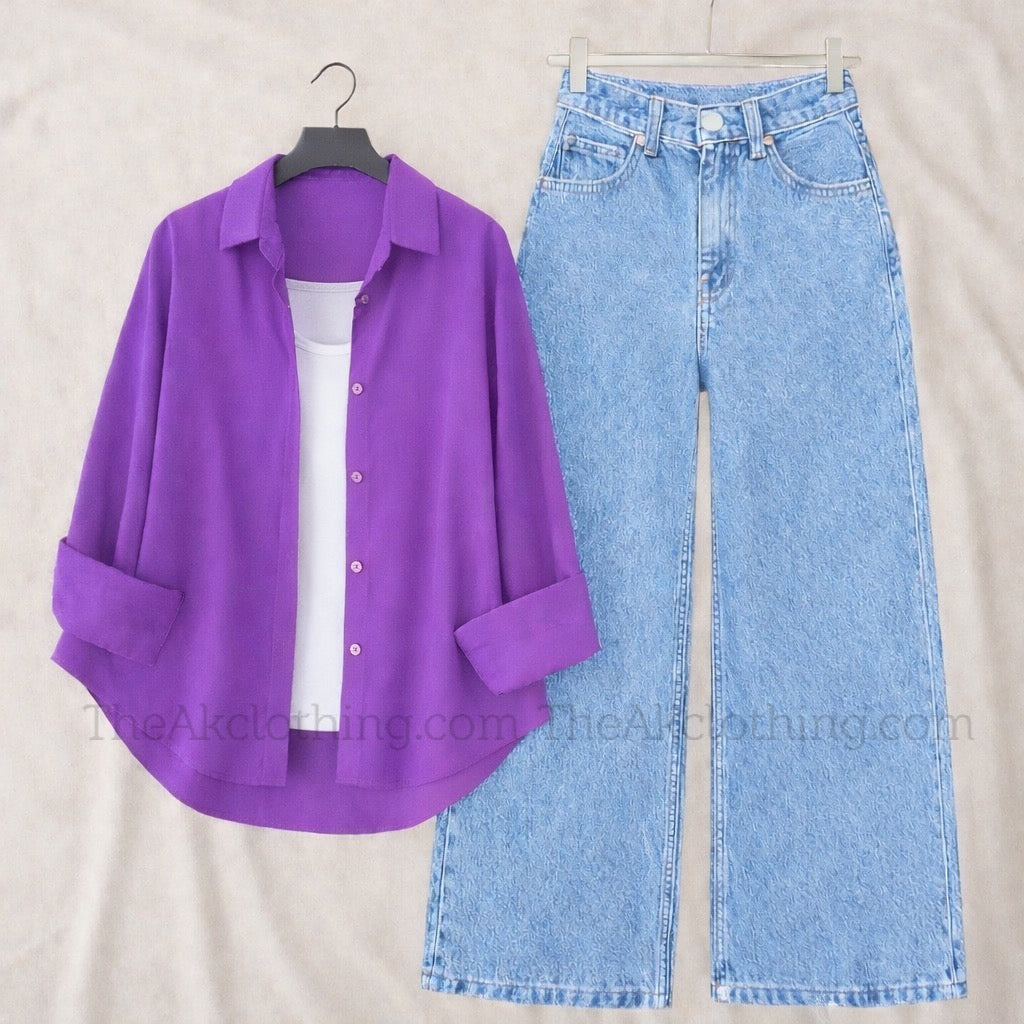 Pack of 3 Purple Button down + Inner With Sky Wide leg Jeans