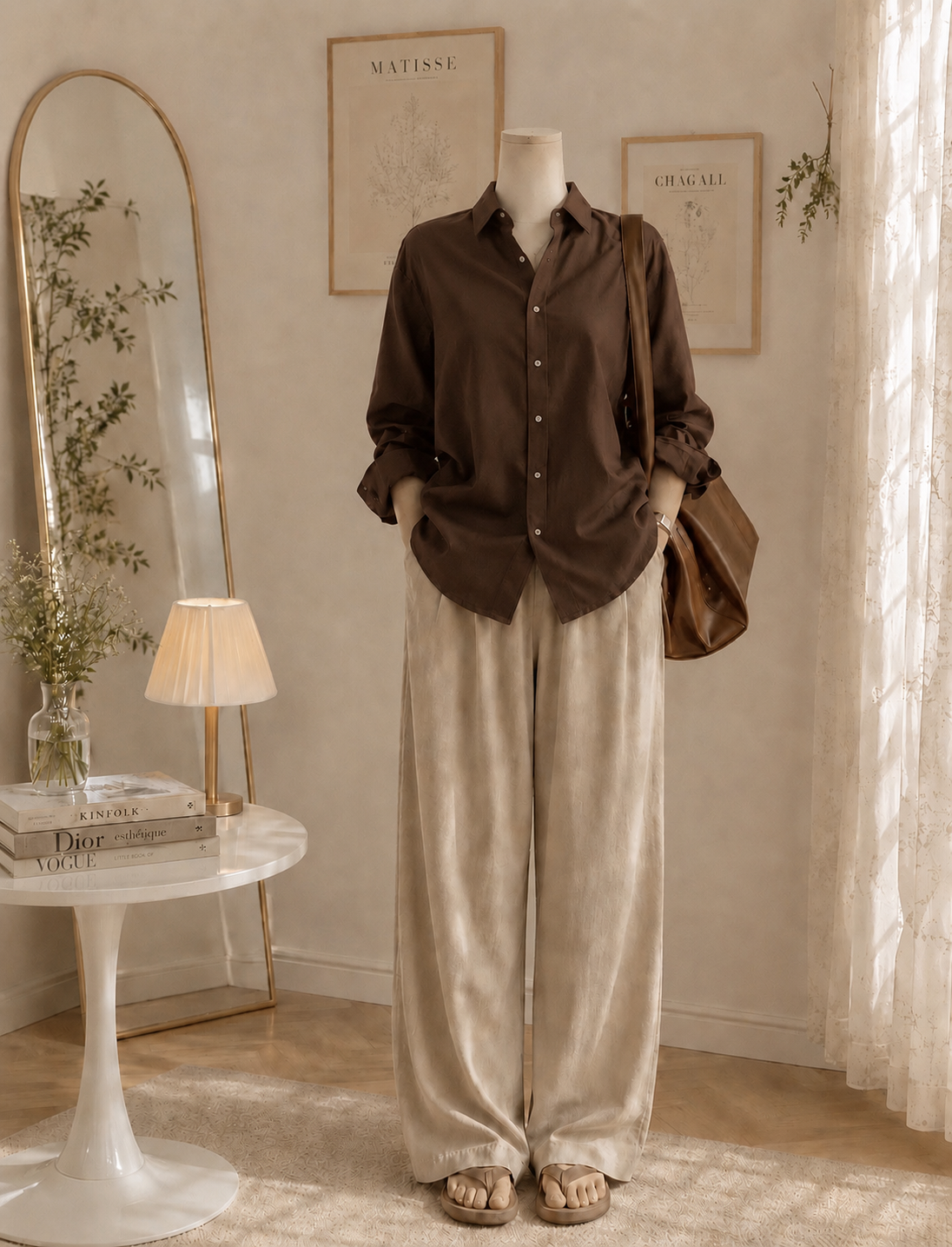 Brown button down with Beige Flapper Trouser