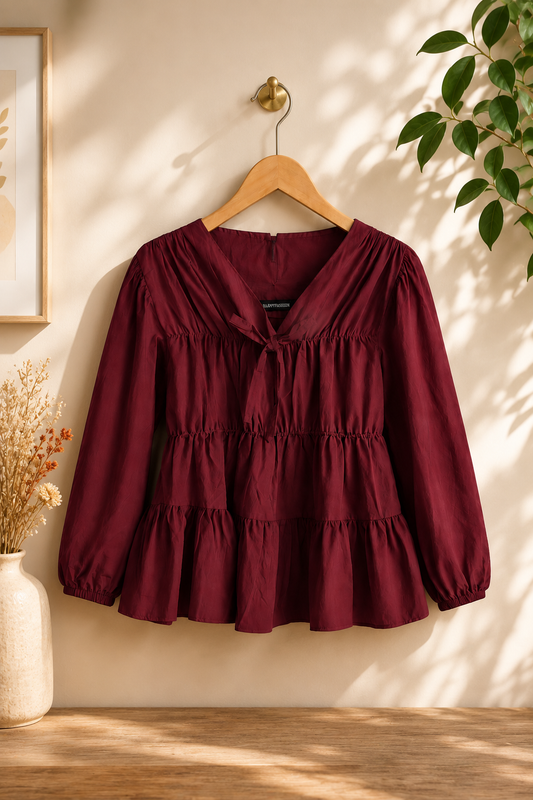 Maroon Tie-Front Tiered Top