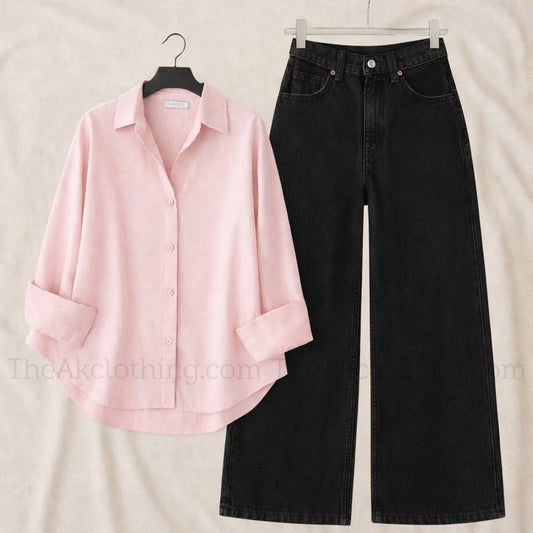 Pack of 2 Pink Button down With Black Wide leg Jeans