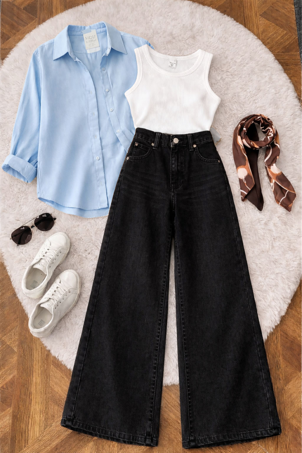 Pack of 3 Sky Button down + Tanktop  With Black Wide leg Jeans