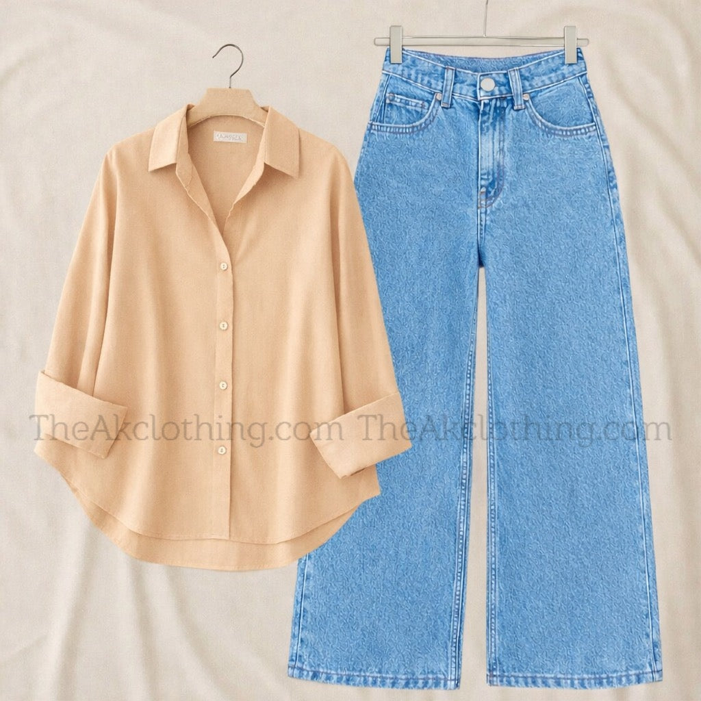 Pack of 2 Skin  Button down With sky  wide leg jeans