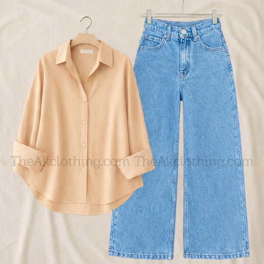 Pack of 2 Skin  Button down With sky  wide leg jeans
