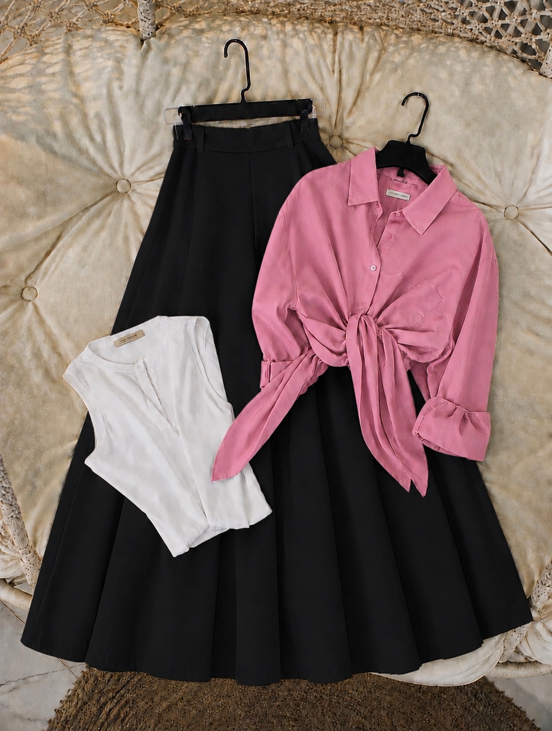 Pack of 3 of Pink Button down with tank top + Black Skirt