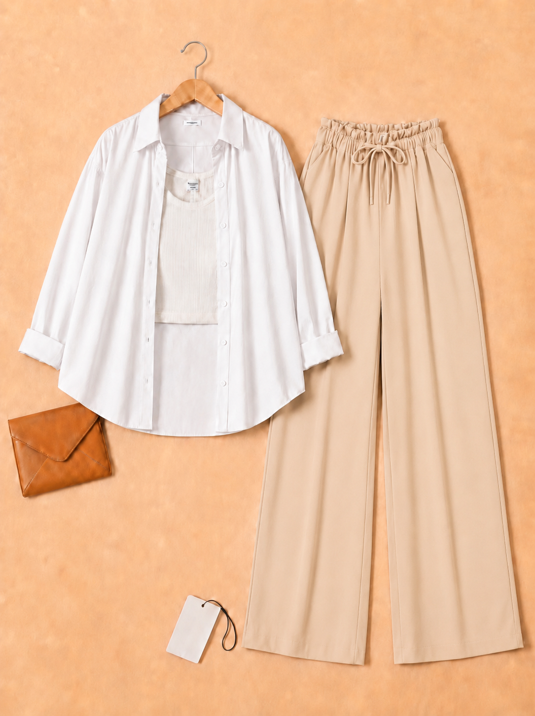 White button down with inner + Beige flapper Trouser