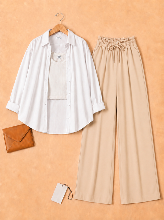 White button down with inner + Beige flapper Trouser