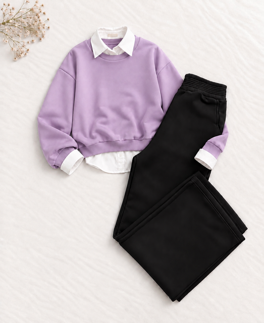3-Piece Lilac Sweatshirt, Button Down Shirt & Black Flapper Trouser Set