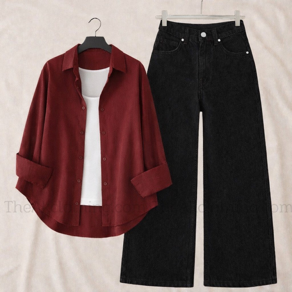 Pack of 3 Maroon Button down + Inner With Black Wide leg Jeans