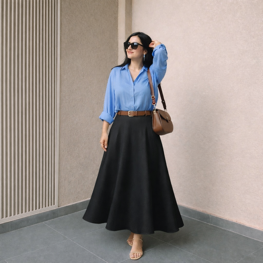 Pack of 2 Sky Button down Shirt  +Black  Skirt