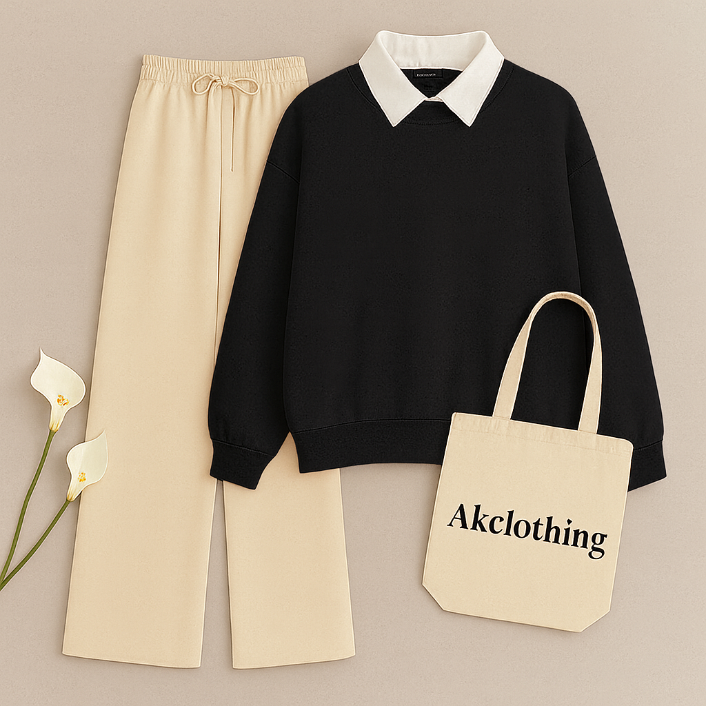 Black Collar Sweatshirt with Beige Flapper Trouser