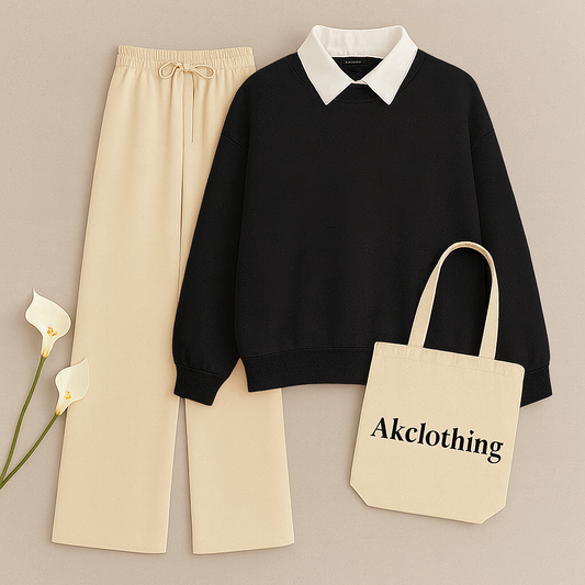 Black Collar Sweatshirt with Beige Flapper Trouser