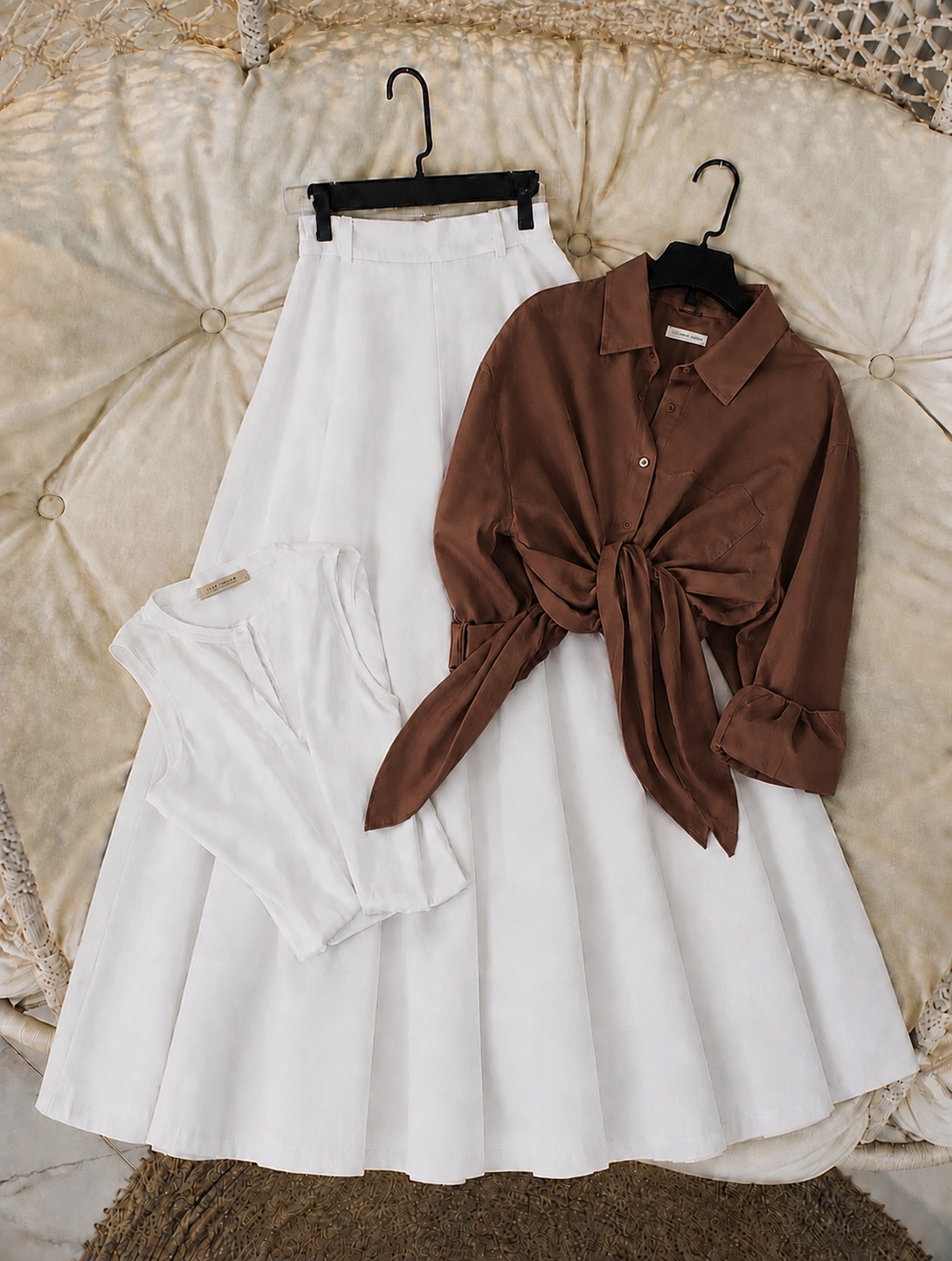 Pack of 3 of Brown Button down with tank top + white Skirt