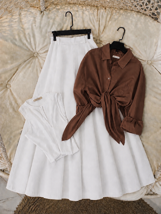 Pack of 3 of Brown Button down with tank top + white Skirt