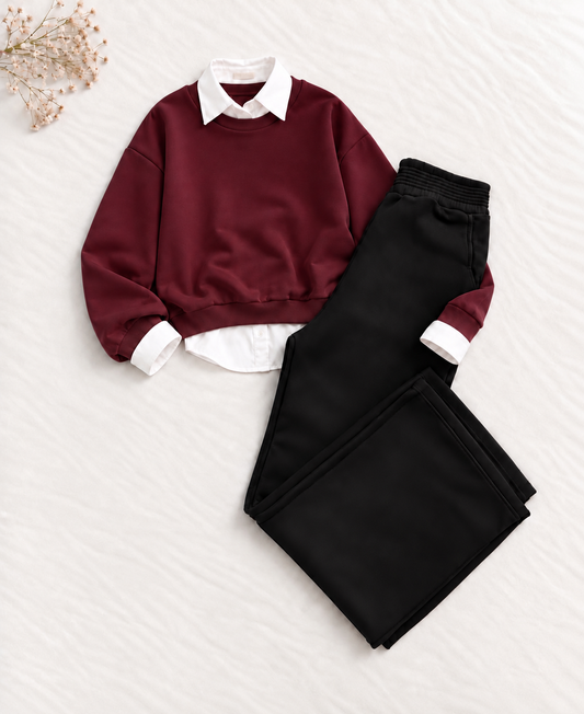 3-Piece Maroon Sweatshirt, Button Down Shirt & Black Flapper Trouser Set
