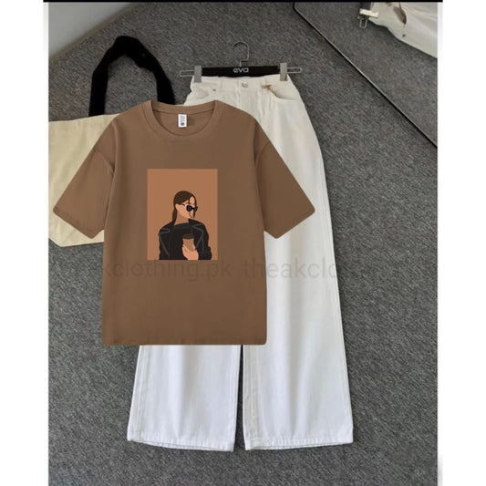 White wide leg jeans + Brown  tshirt Coffee girl