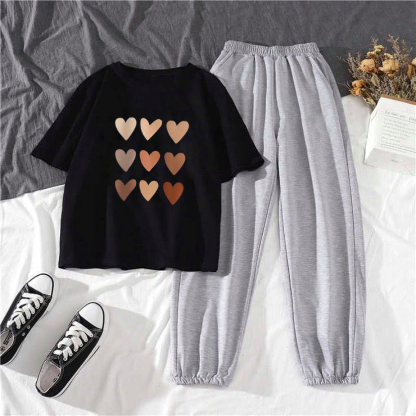 Multi Hearts Black Grey Summer Trouser Tracksuit