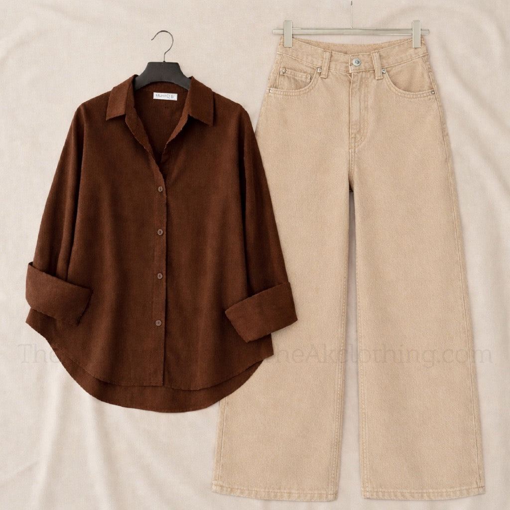 Pack of 2 Button Button  down With Beige Wide leg Jeans