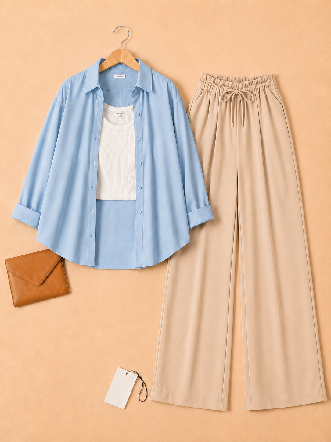 Sky button down with inner + Beige flapper Trouser