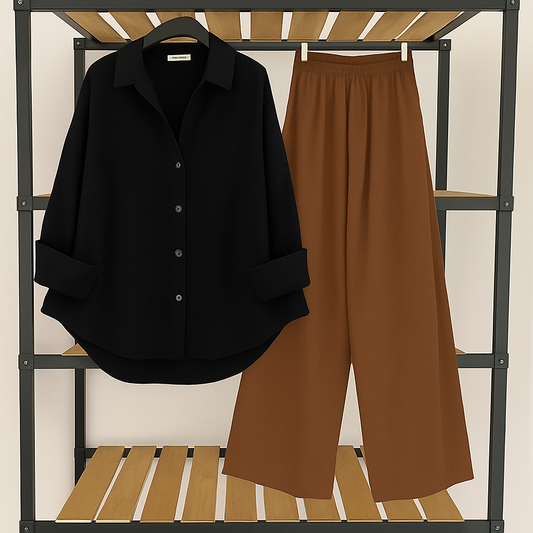 Black button down with brown flapper trouser