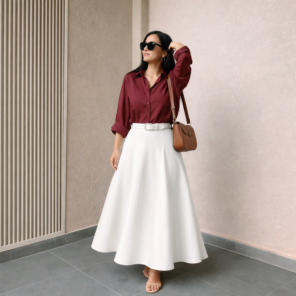 Pack of 2 Maroon Button down Shirt  + White Skirt