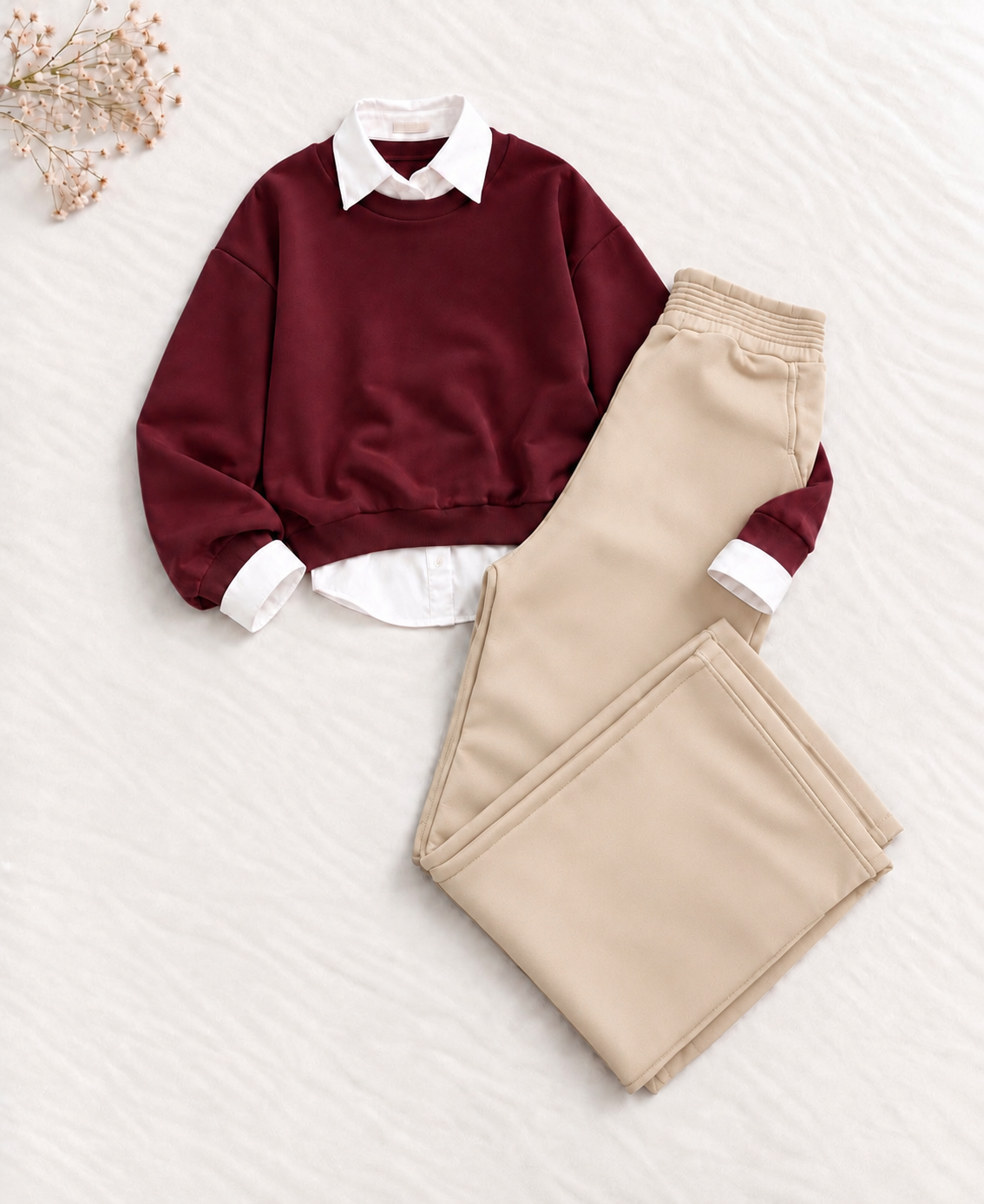 3-Piece Maroon Sweatshirt, Button Down Shirt & Beige Flapper Trouser Set