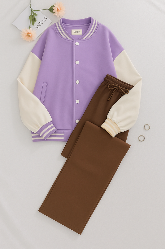 Lilac varsity Jacket With Brown Flapper Trouser
