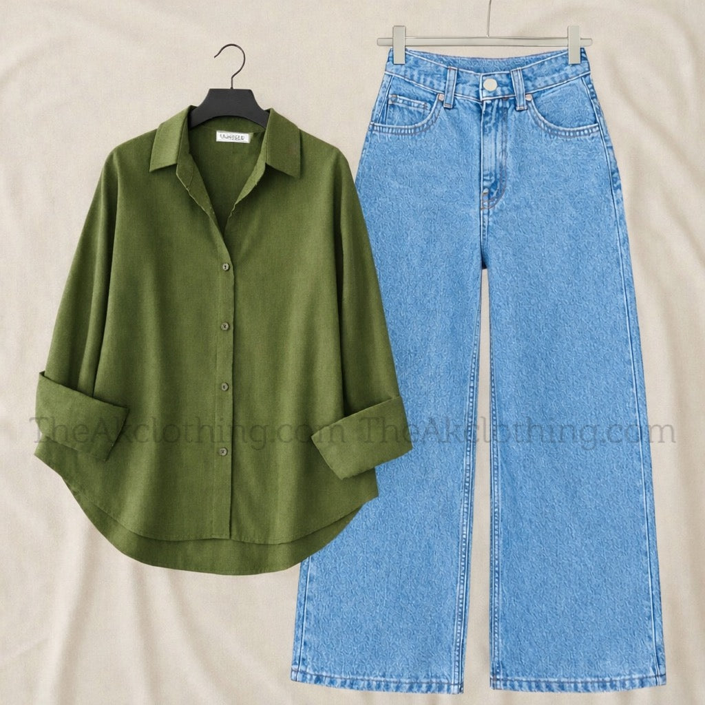 Pack of 2 olive Button down With sky  wide leg jeans