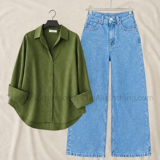 Pack of 2 olive Button down With sky  wide leg jeans