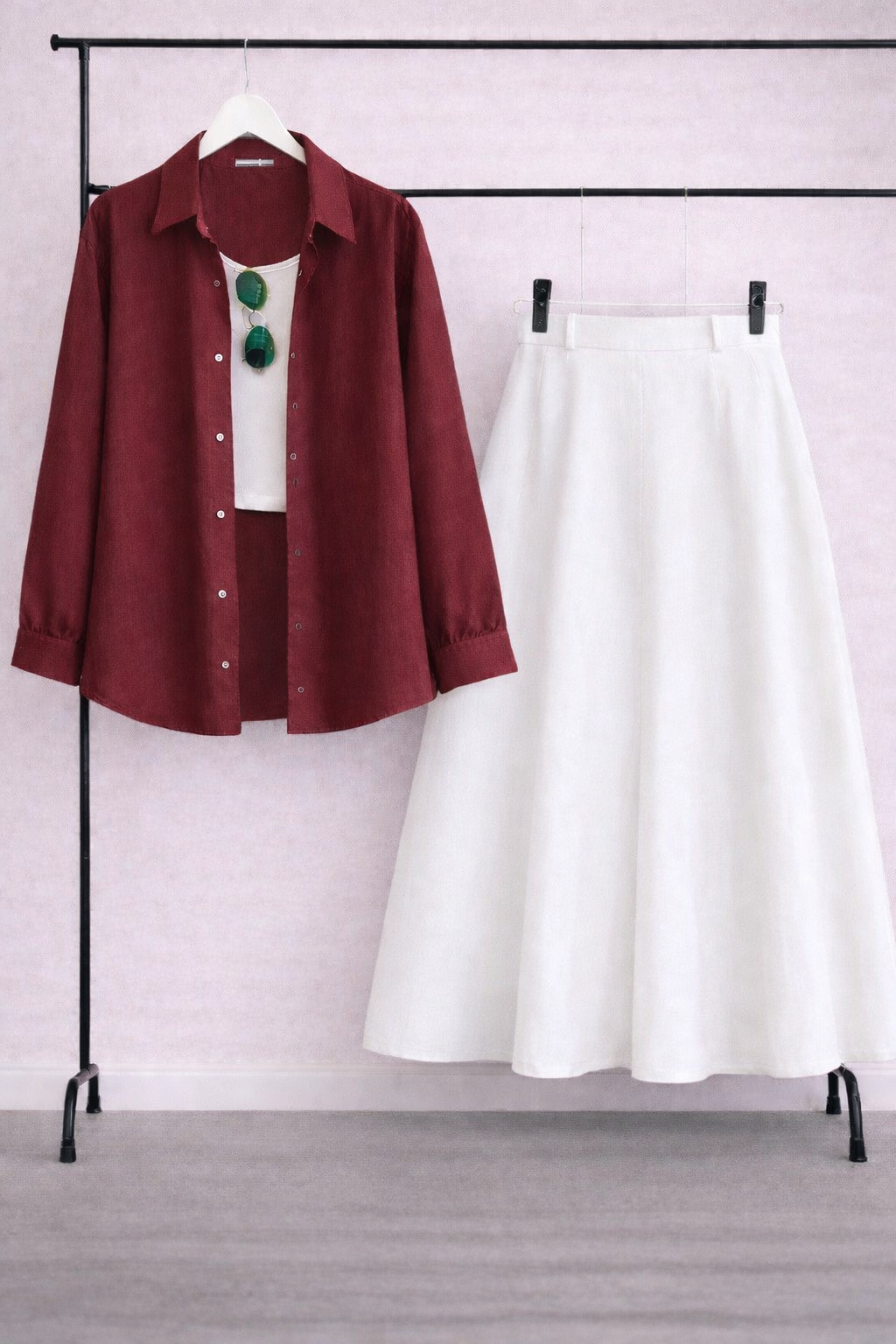 Pack of 3 Maroon Button down + Tanktop  With White Skirt