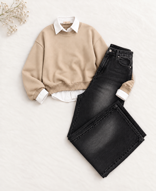 3-Piece Skin Sweatshirt, Button Down Shirt & Black Vintage wide leg jeans