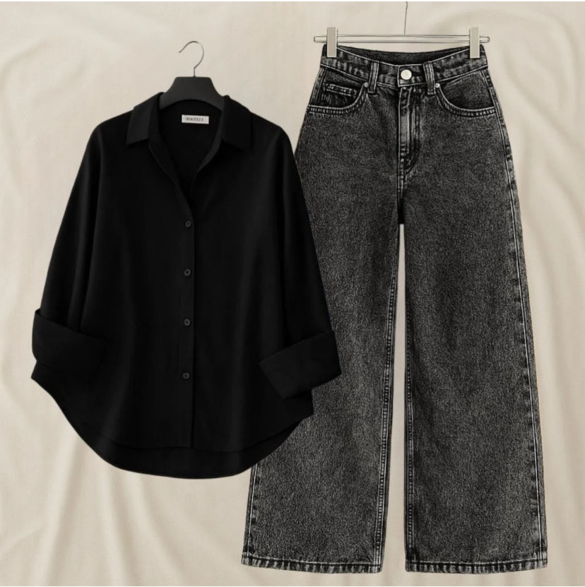 Pack of 2 Black Button down With charcoal wide leg jeans