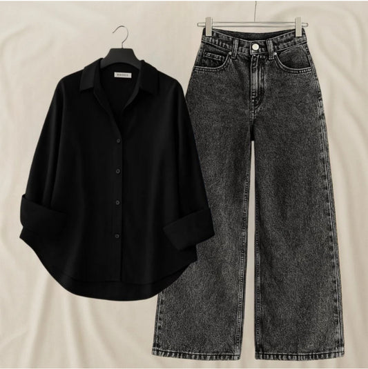 Pack of 2 Black Button down With charcoal wide leg jeans