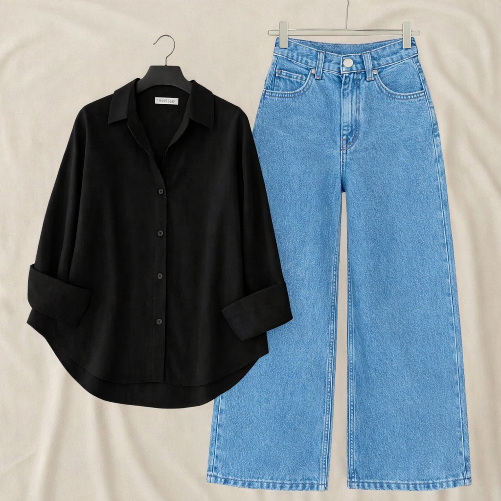 Pack of 2 Black Button down With sky  wide leg jeans