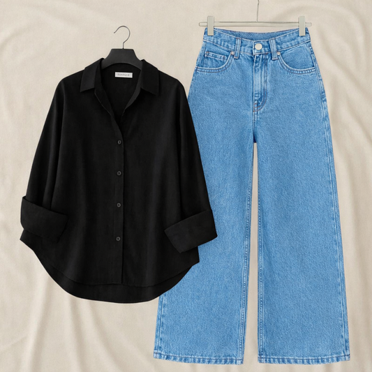 Pack of 2 Black Button down With sky  wide leg jeans