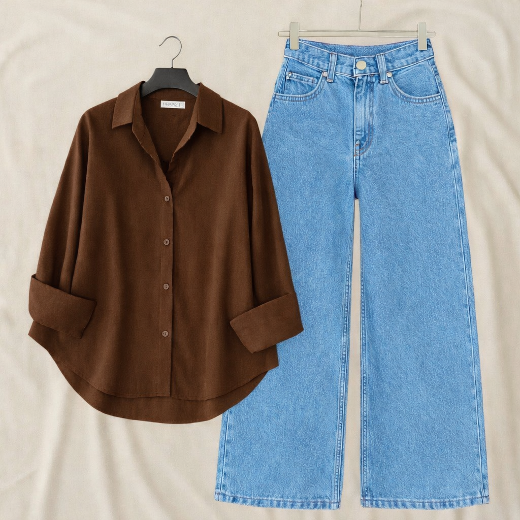 Pack of 2 Brown Button down With sky  wide leg jeans